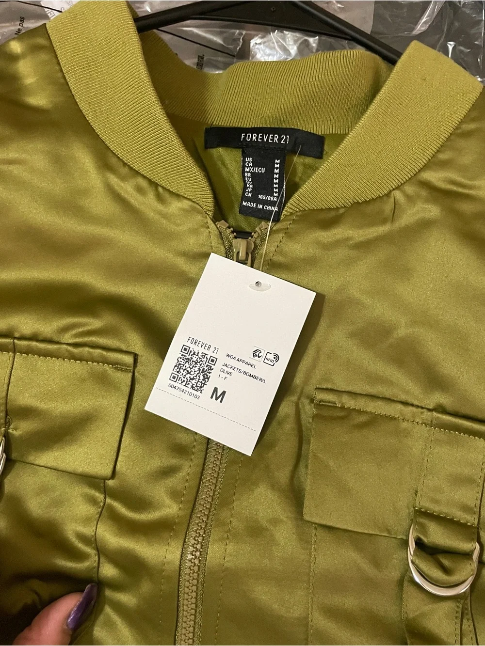 Forever 21 Olive Satin Cropped Bomber Jacket - Picture 2 of 7